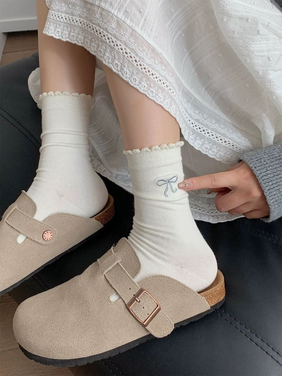 Embroidered Bow Cotton Crew Socks | Ruffle Trim Ballet Style for Women