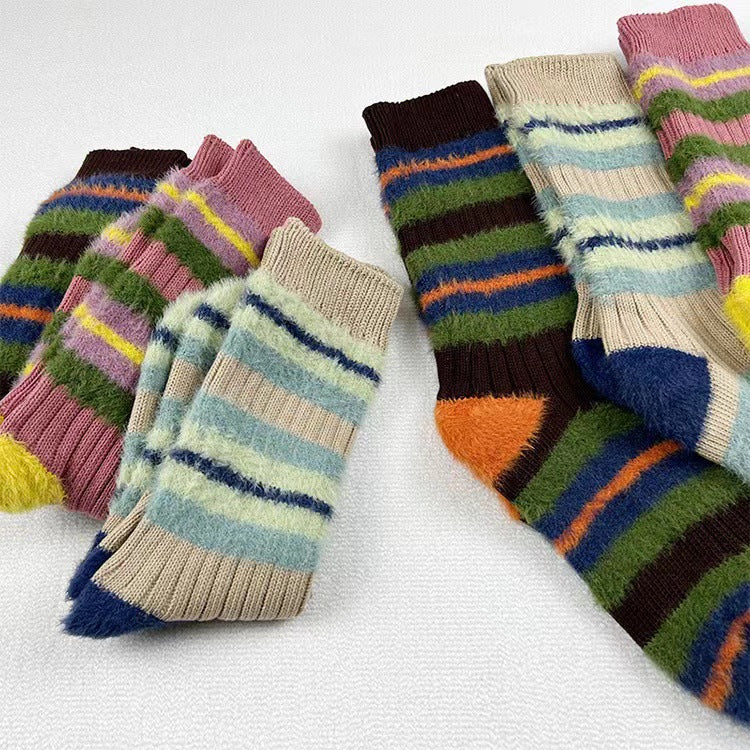 Women's Cozy Fuzzy Striped Crew Socks | Warm Winter Lounge Socks