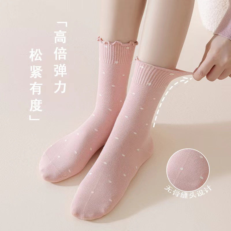 Ruffled Polka Dot Cotton Crew Socks for Women