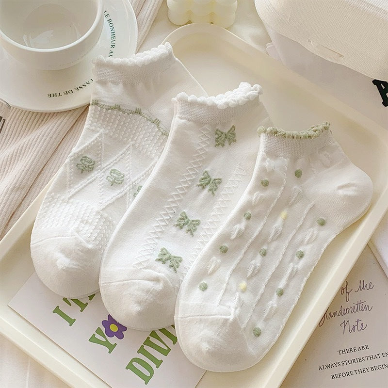Cute Ruffled Ankle Socks for Women | Fresh White Green Cotton Socks