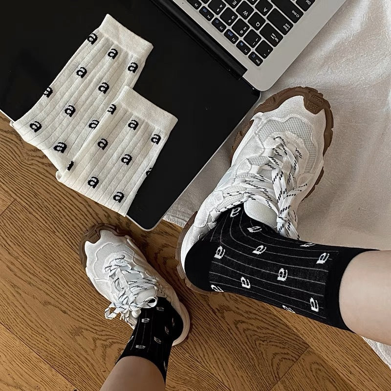 Thin Letter Print Cotton Crew Socks | Casual Socks for Women