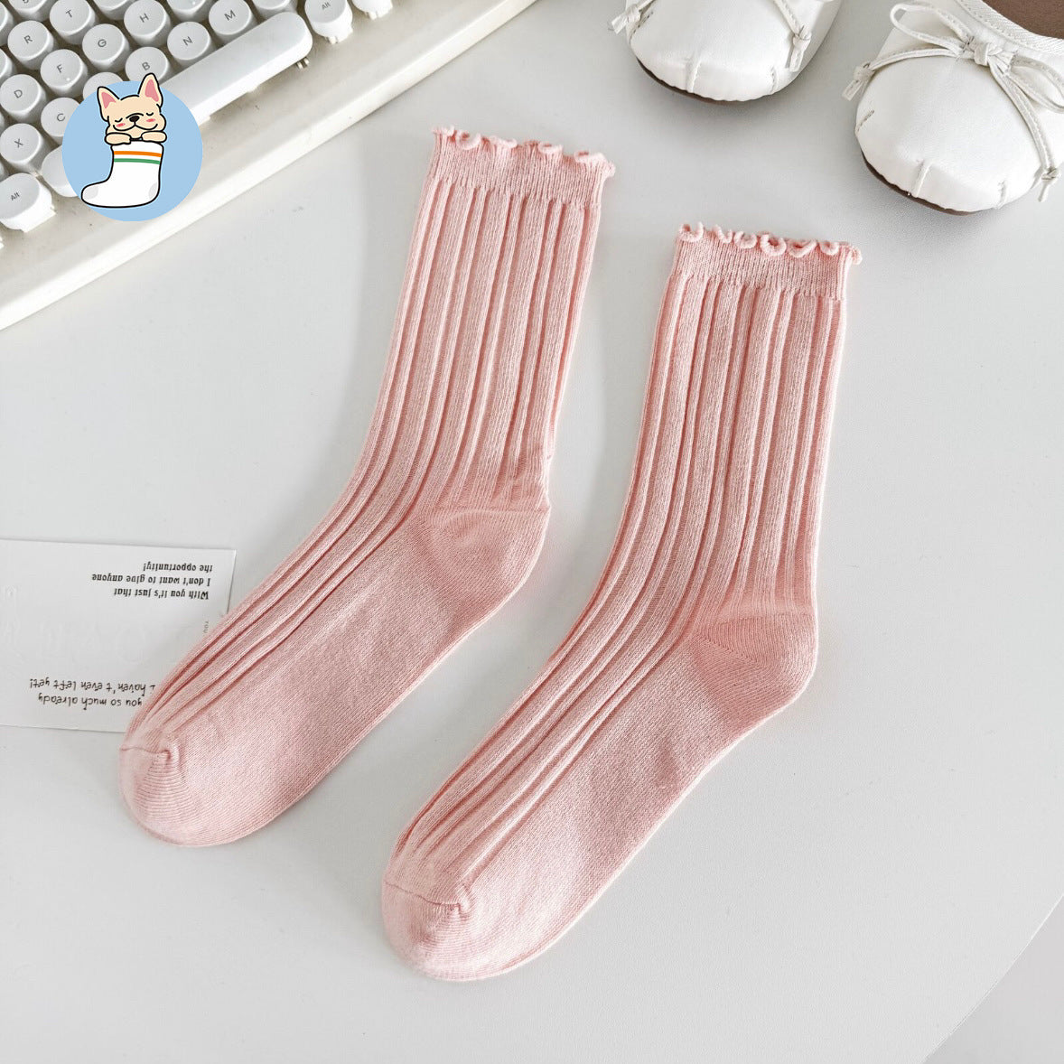 Ruffle Trim Solid Cotton Crew Socks for Women