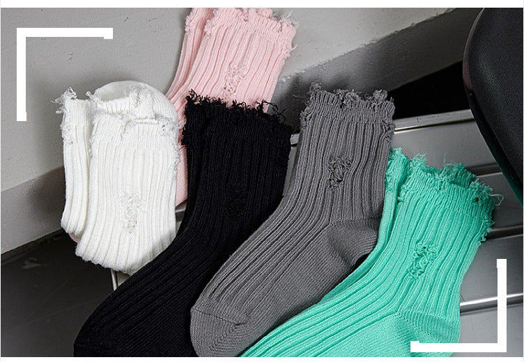 Distressed Ripped Crew Socks | Trendy Cotton Casual Everyday Socks
