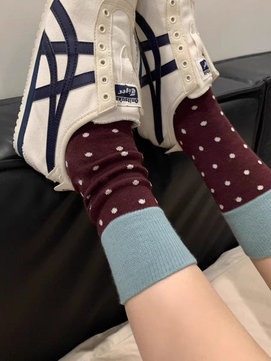 Retro Polka Dot Colorblock Crew Socks for Women