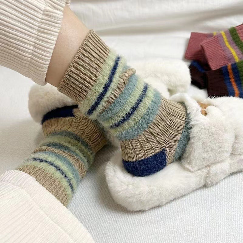Women's Cozy Fuzzy Striped Crew Socks | Warm Winter Lounge Socks