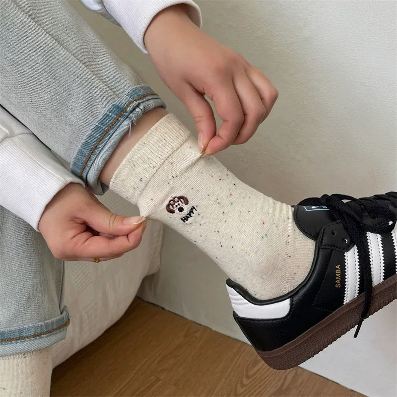 Cute Embroidered Crew Socks for Women | Soft Speckled Cotton Socks
