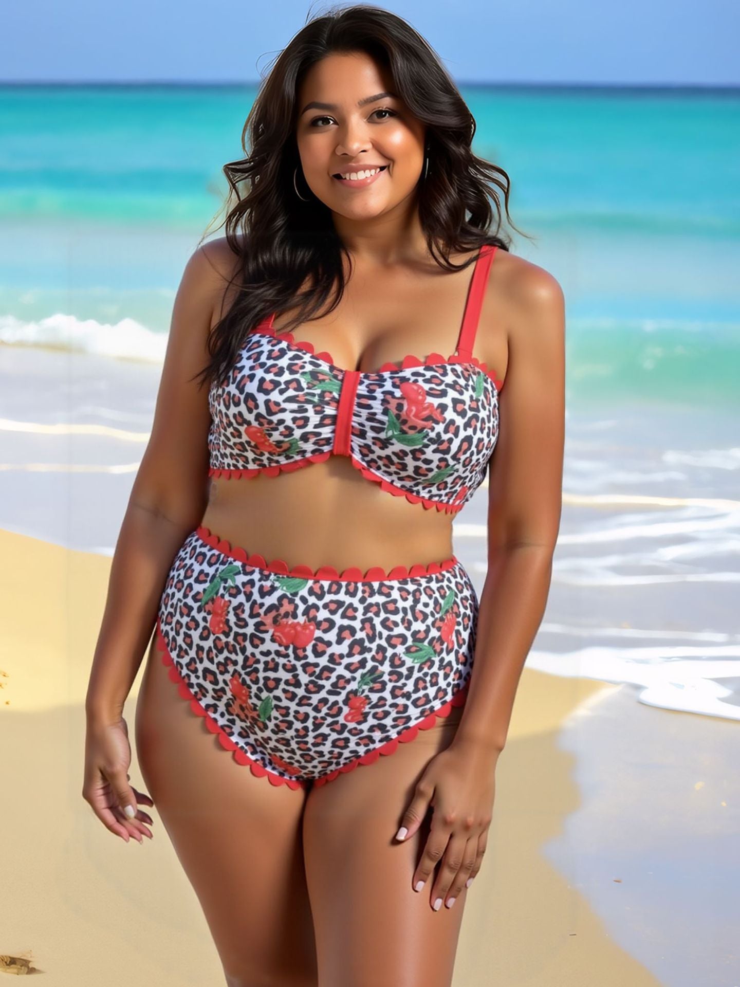 Plus Size Leopard Cherry Halter Bikini Set | Women's Beach Swimwear