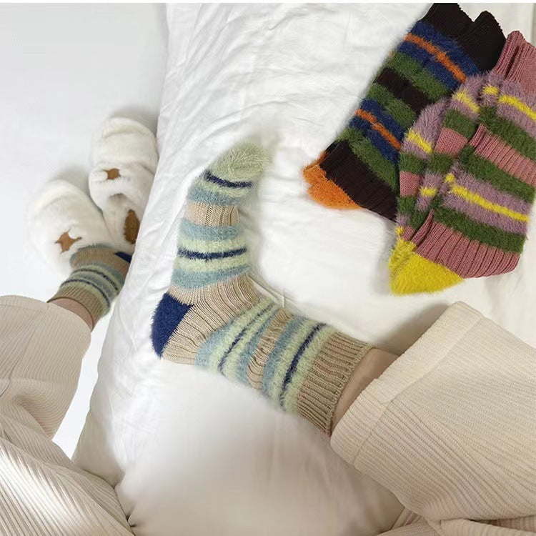 Women's Cozy Fuzzy Striped Crew Socks | Warm Winter Lounge Socks