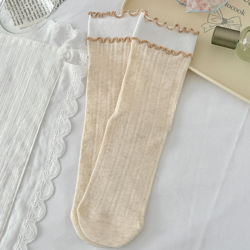 Women's Ruffled Cotton Crew Socks | Seamless Breathable Summer Socks