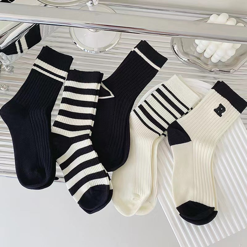 Breathable Striped Crew Socks for Women | Black White Trendy Casual Socks