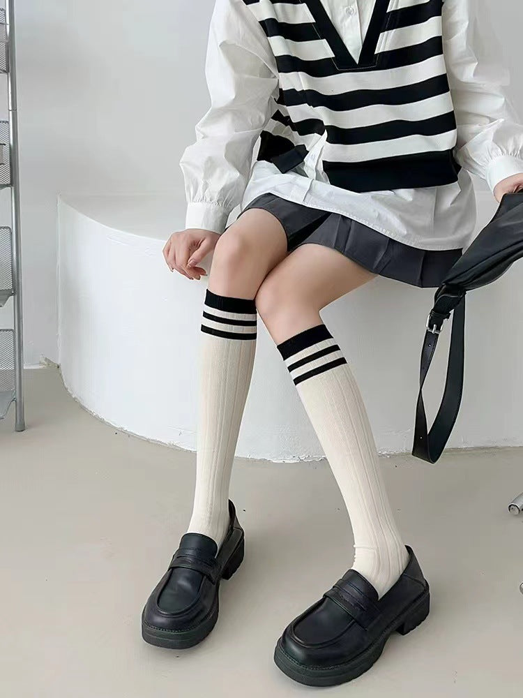Striped Calf High Socks for Women | Cream Striped Casual Crew