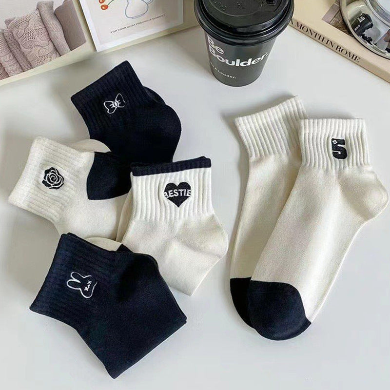 Embroidered Ankle Socks for Women | Black White Cotton Casual Socks