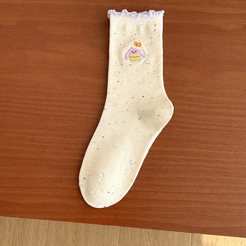 Cute Embroidered Cotton Crew Socks for Women | Ruffled Casual Socks