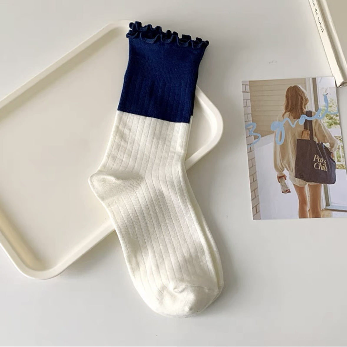 Cute Colorblock Ruffled Cotton Crew Socks for Women