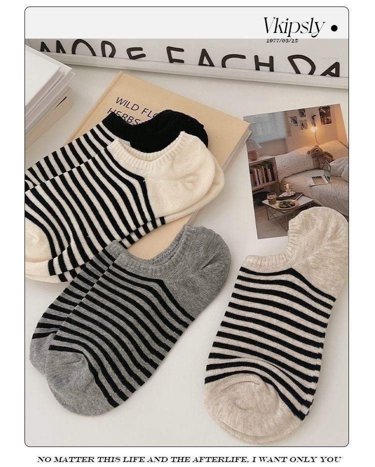 Striped No-Show Socks for Women | Non-Slip Invisible Cotton Socks