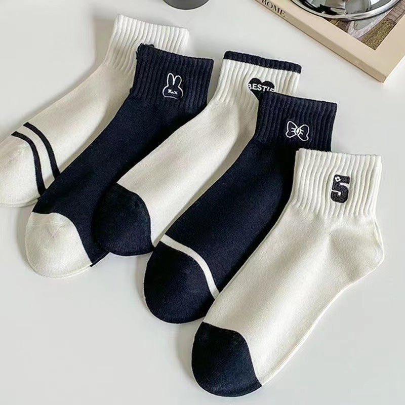 Embroidered Ankle Socks for Women | Black White Cotton Casual Socks