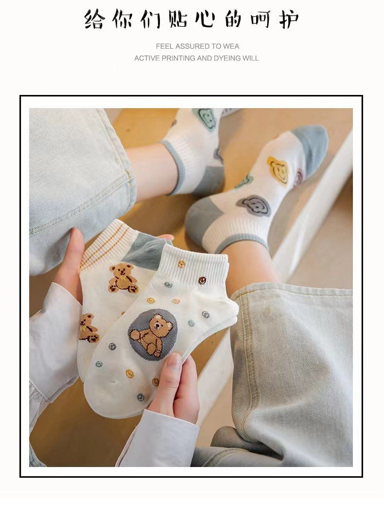 Cute Bear Print Ankle Socks | Breathable Summer Socks for Women
