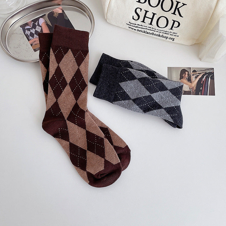 Argyle Patterned Crew Socks for Women | Trendy Slouch Mid-Calf Socks