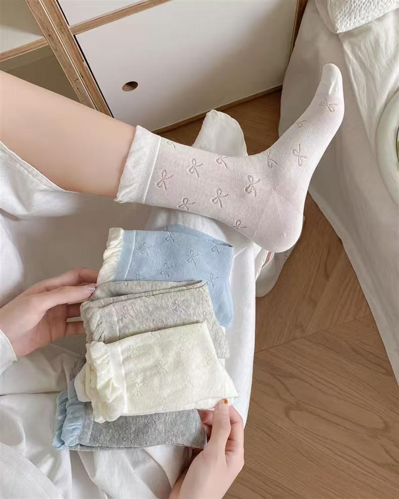 Ruffled Bow Cotton Crew Socks | Balletcore Socks for Women