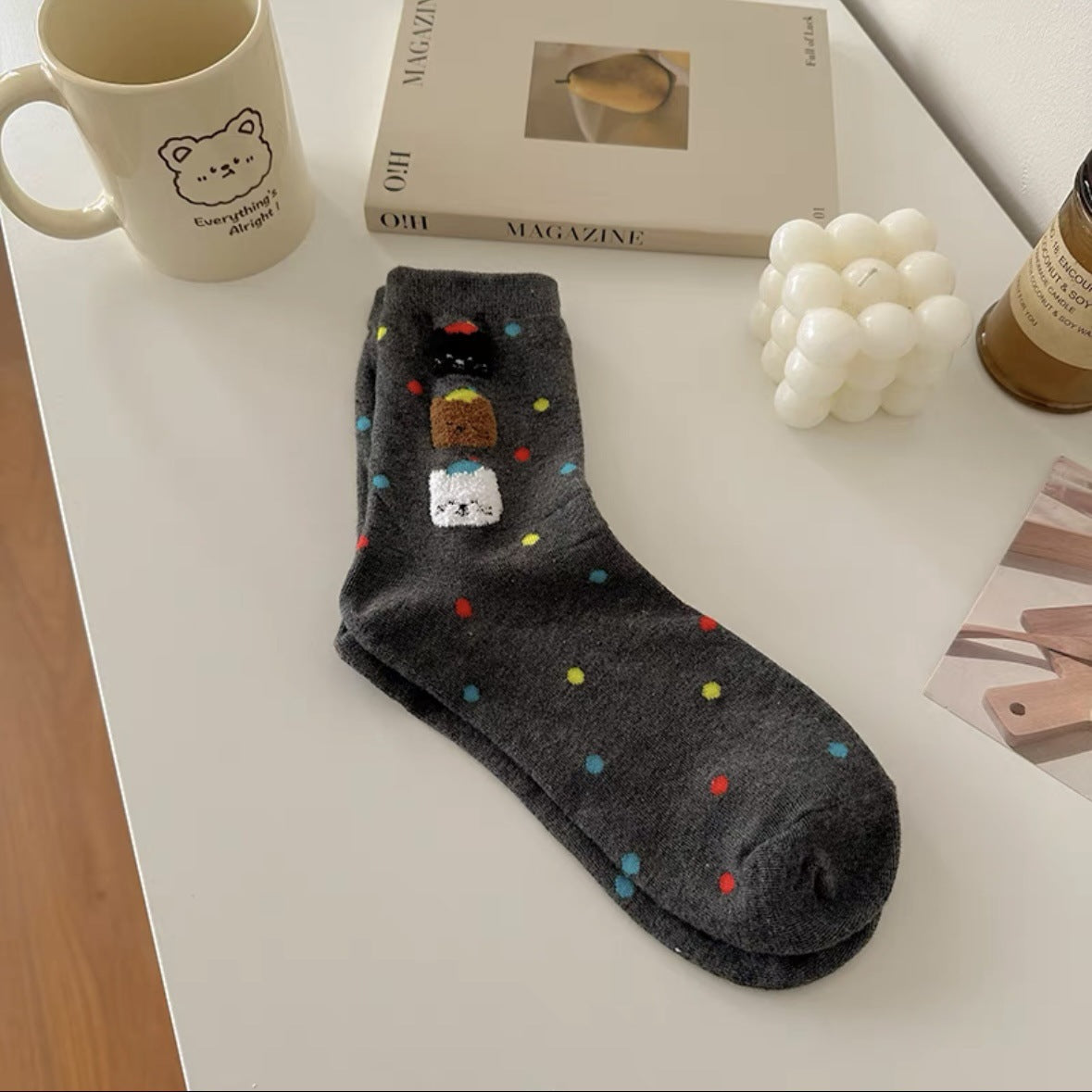 Cute Cotton Polka Dot Bear Crew Socks for Women