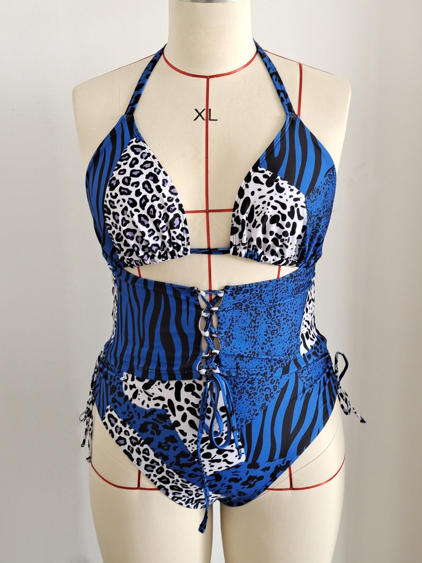 Plus Size Mixed Print Halter Bikini | Women's Blue Beach Swimwear