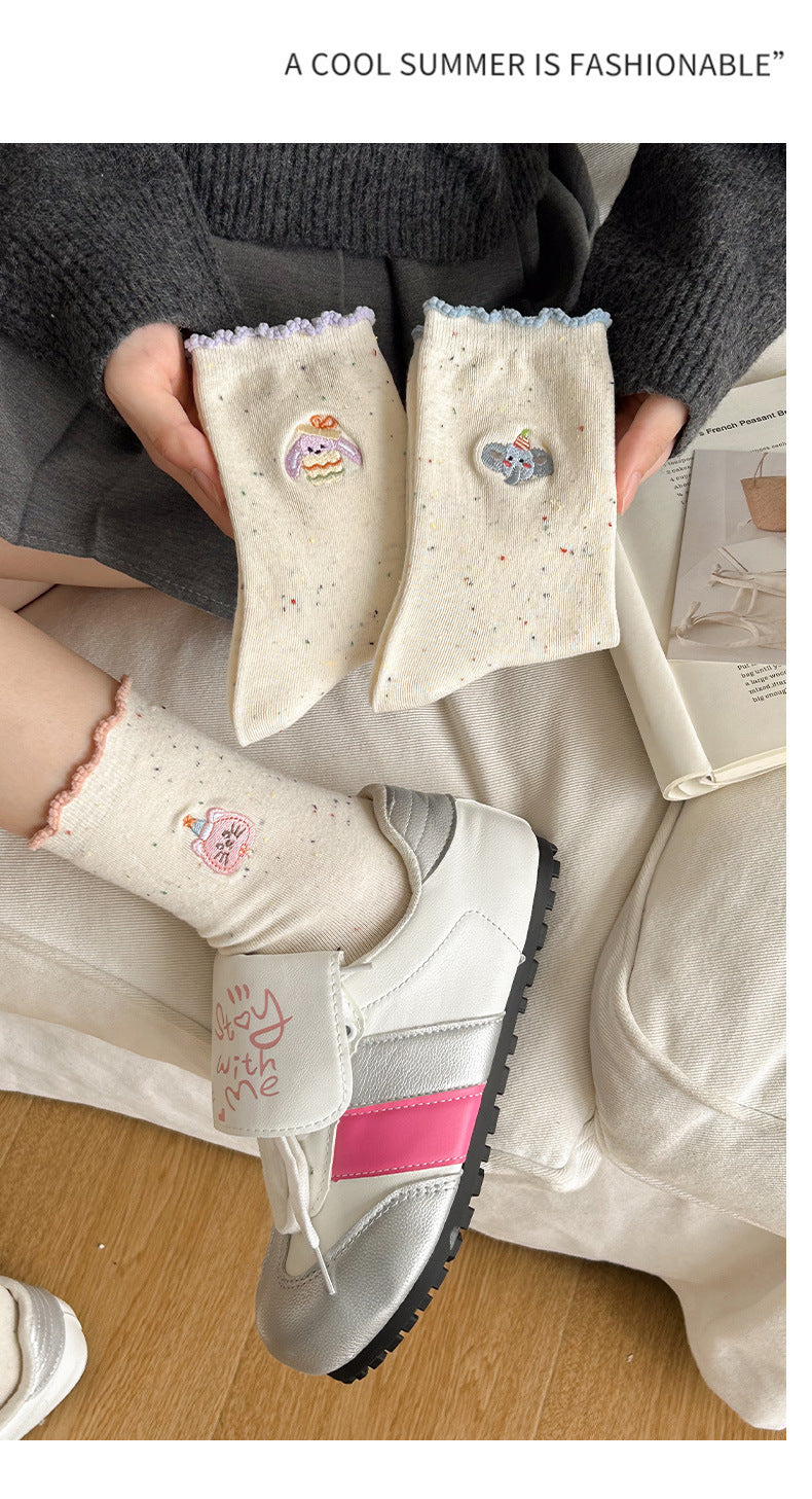 Cute Embroidered Cotton Crew Socks for Women | Ruffled Casual Socks