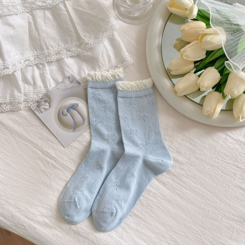 Ruffled Bow Cotton Crew Socks | Balletcore Socks for Women