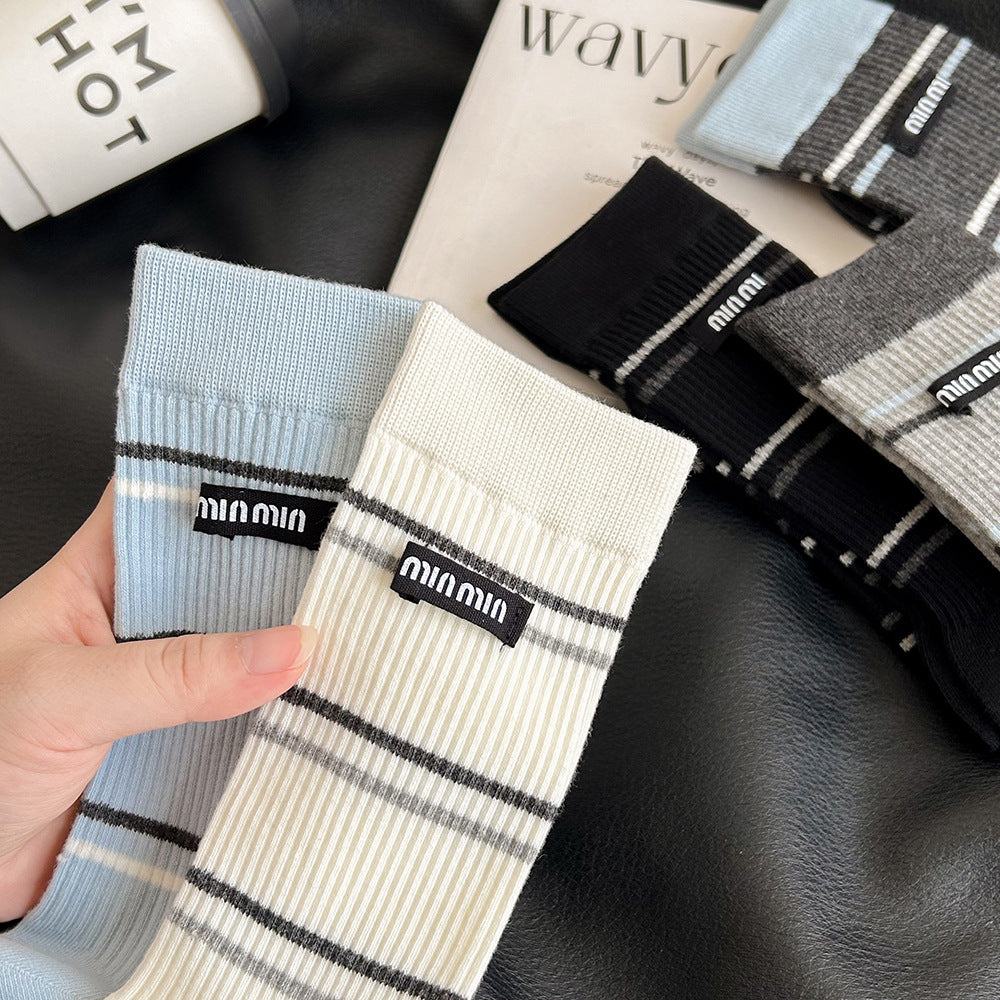 Women's Striped Cotton Crew Socks | Trendy Mid-Calf Socks