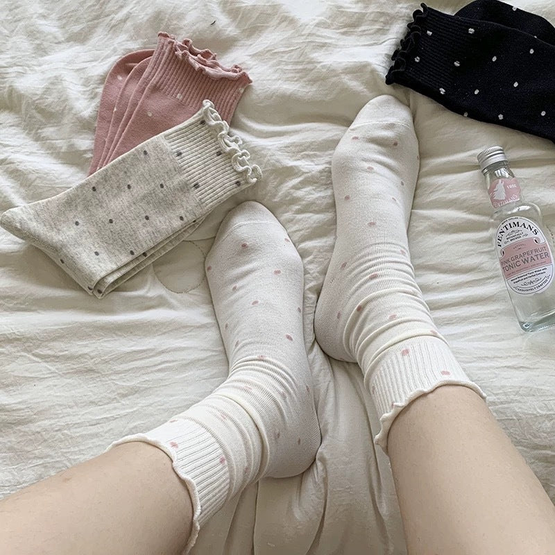 Ruffled Polka Dot Cotton Crew Socks for Women