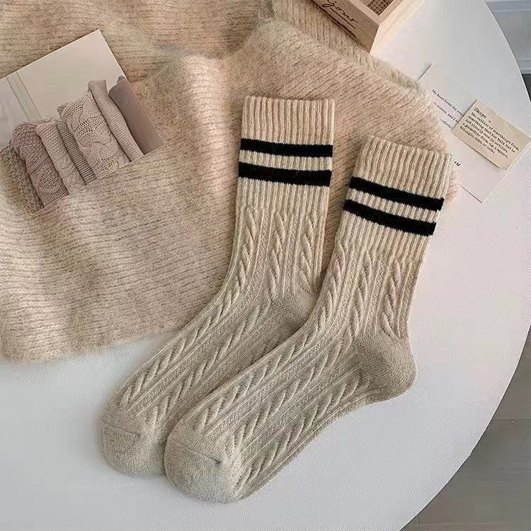 Cable Knit Two-Stripe Cozy Crew Socks for Women