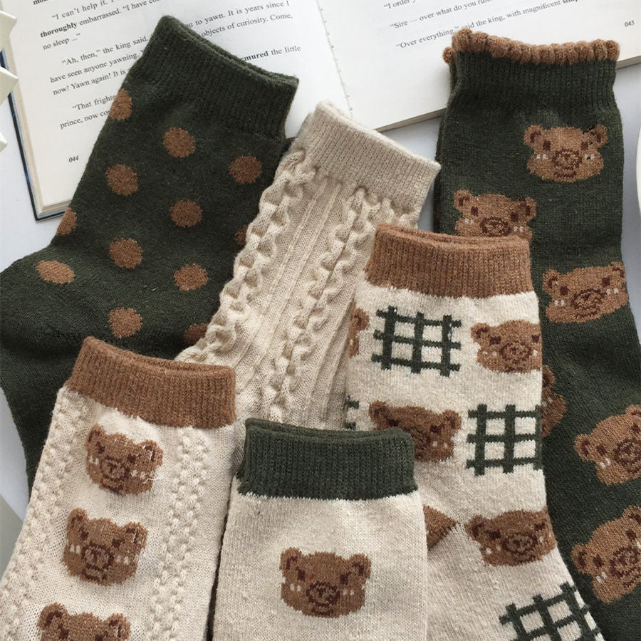 Vintage Bear Cotton Crew Socks | Cozy Winter Women's Socks