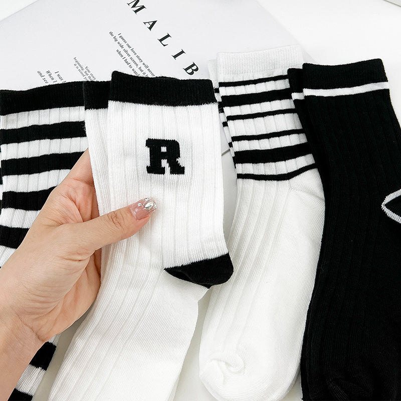 Breathable Striped Crew Socks for Women | Black White Trendy Casual Socks