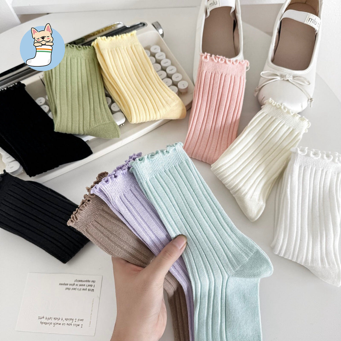 Ruffle Trim Solid Cotton Crew Socks for Women