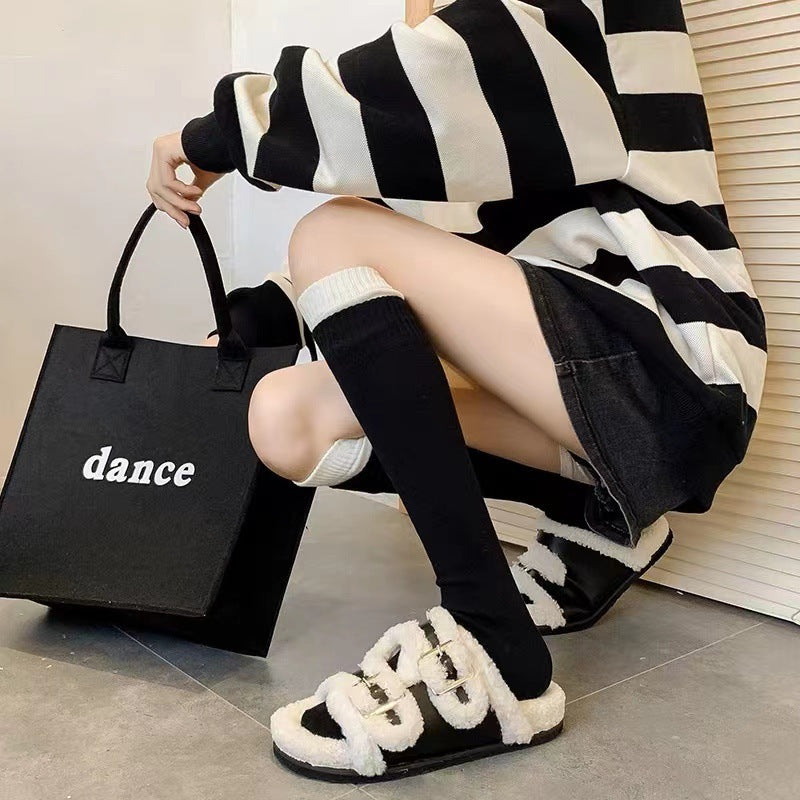 Two-Tone Double Cuff Calf Socks for Women | Slouch Knee High Socks