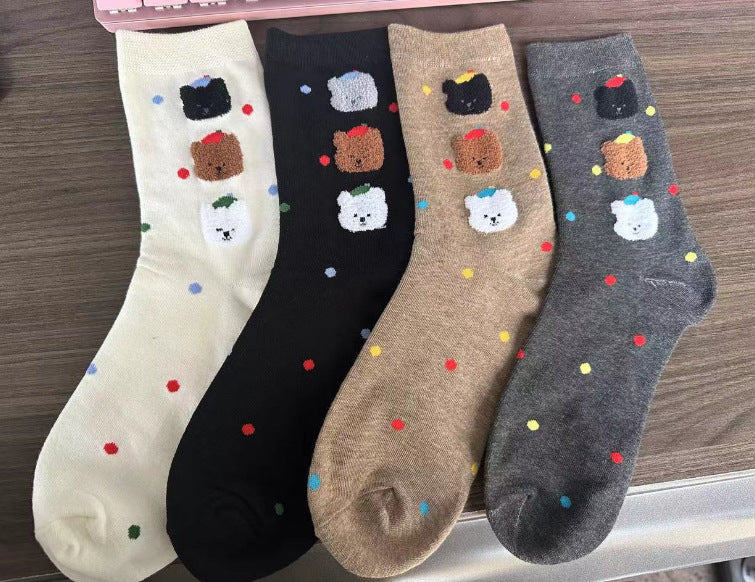 Cute Cotton Polka Dot Bear Crew Socks for Women