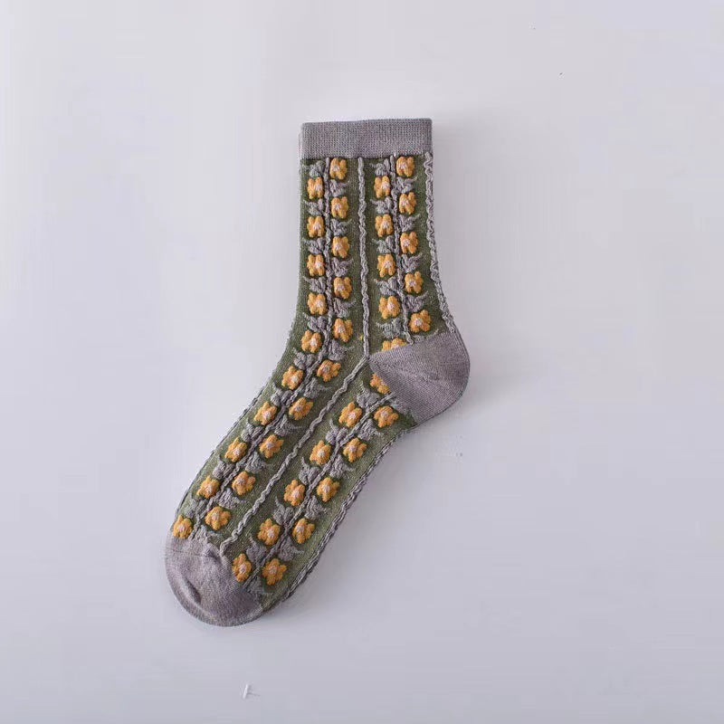 Vintage Floral Crew Socks for Women | Textured Retro Cotton Socks
