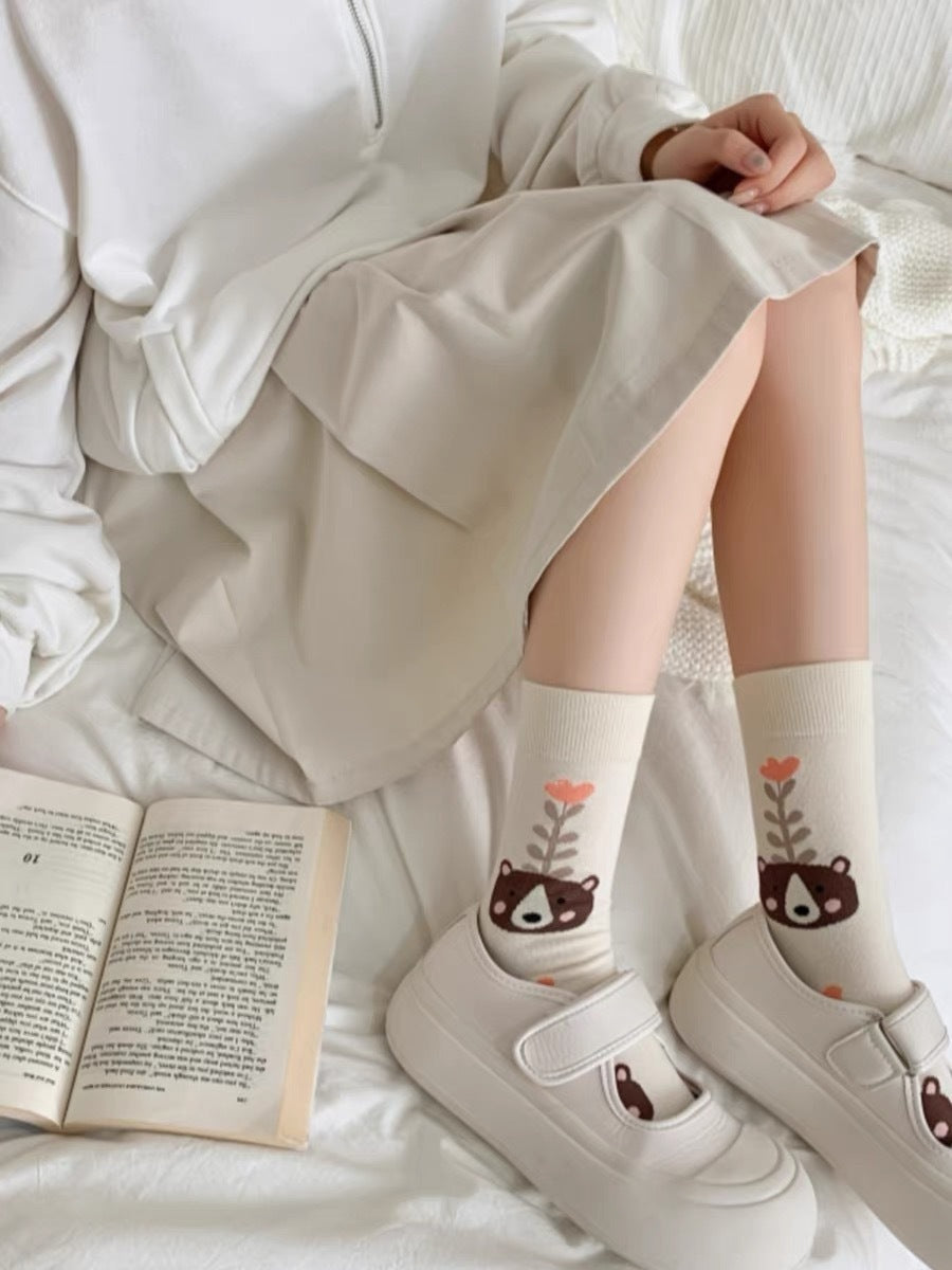 Cute Cream Novelty Crew Socks for Women | Casual Patterned Socks