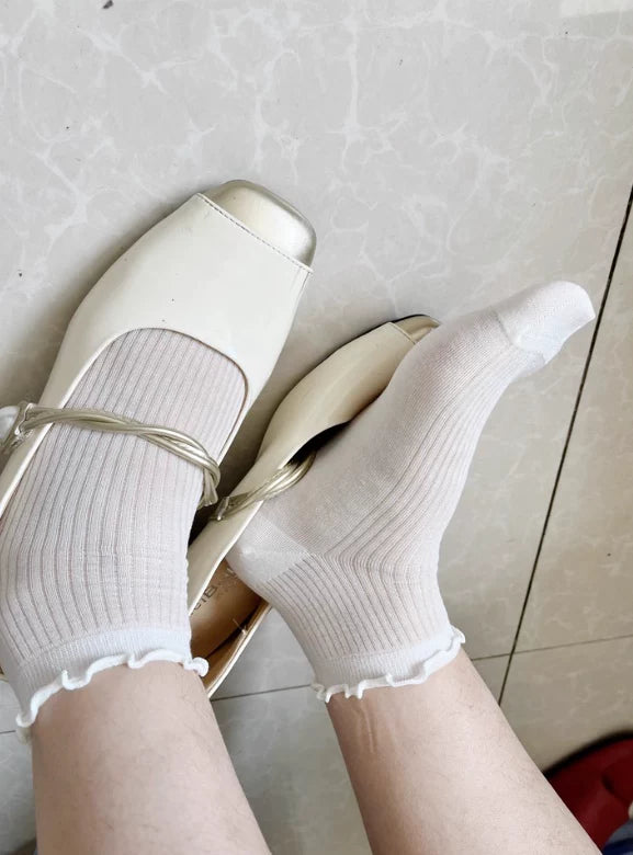 Ruffled Edge Crew Socks for Women | Neutral Cotton Everyday Socks