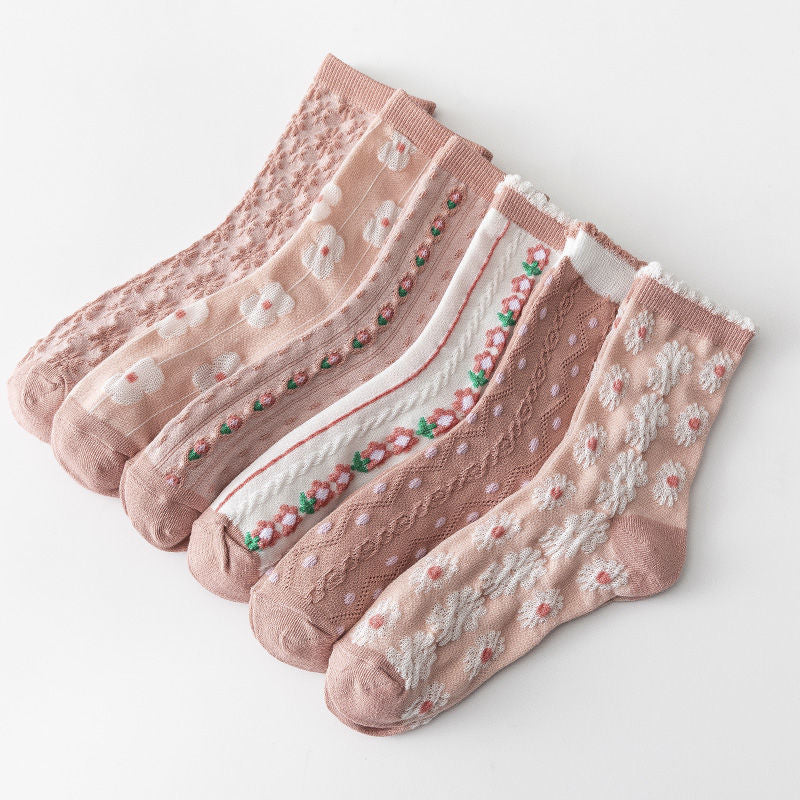 Women's Floral Pink Crew Socks | Cotton Textured Patterned Socks