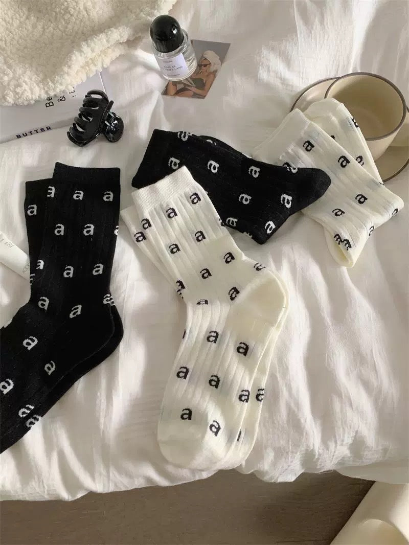 Thin Letter Print Cotton Crew Socks | Casual Socks for Women