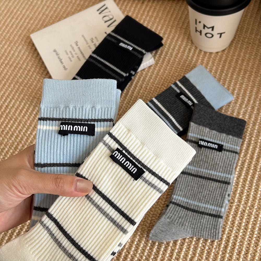 Women's Striped Cotton Crew Socks | Trendy Mid-Calf Socks