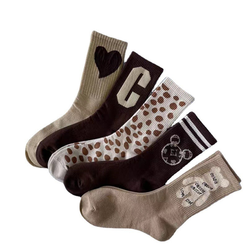 Cute Brown Patterned Crew Socks for Women | Soft Cotton