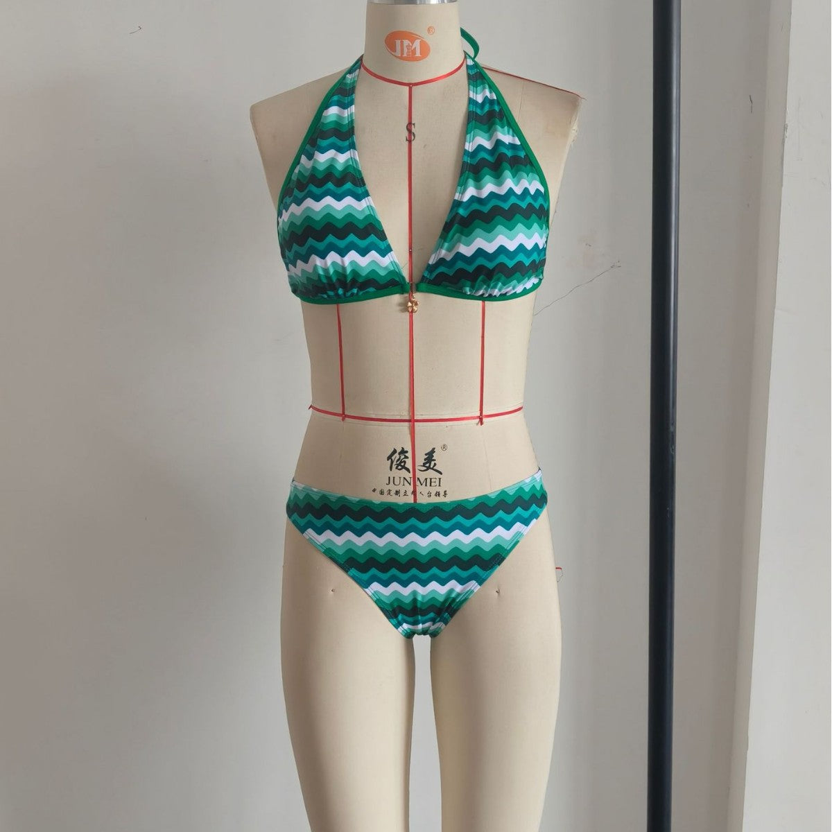 Green Wave Print Halter Bikini Set | Women's Summer Beach Swimwear