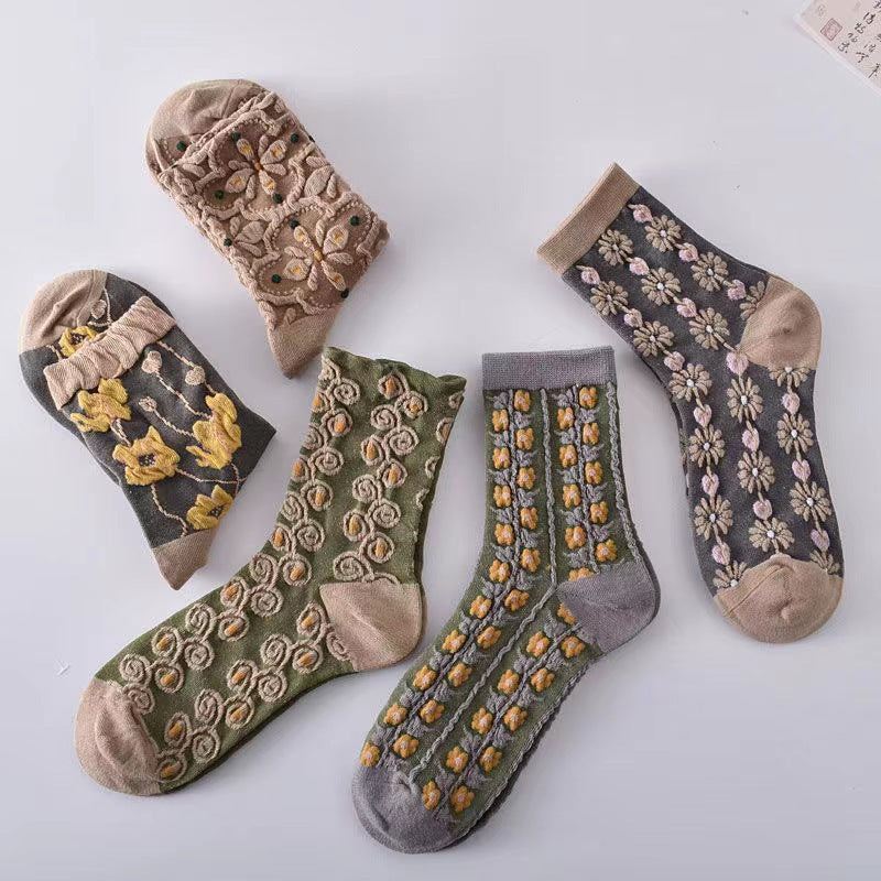 Vintage Floral Crew Socks for Women | Textured Retro Cotton Socks