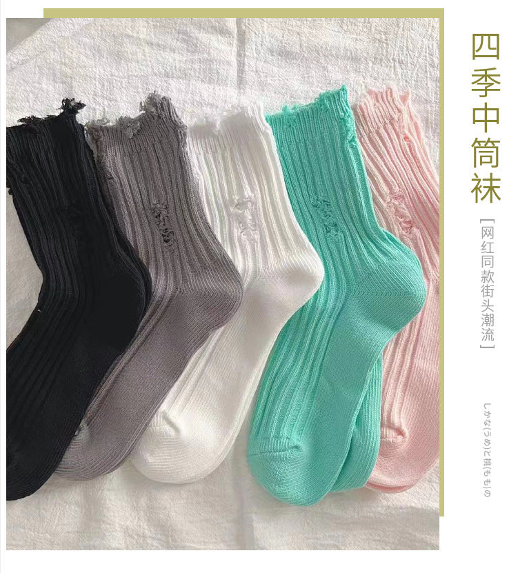Distressed Ripped Crew Socks | Trendy Cotton Casual Everyday Socks