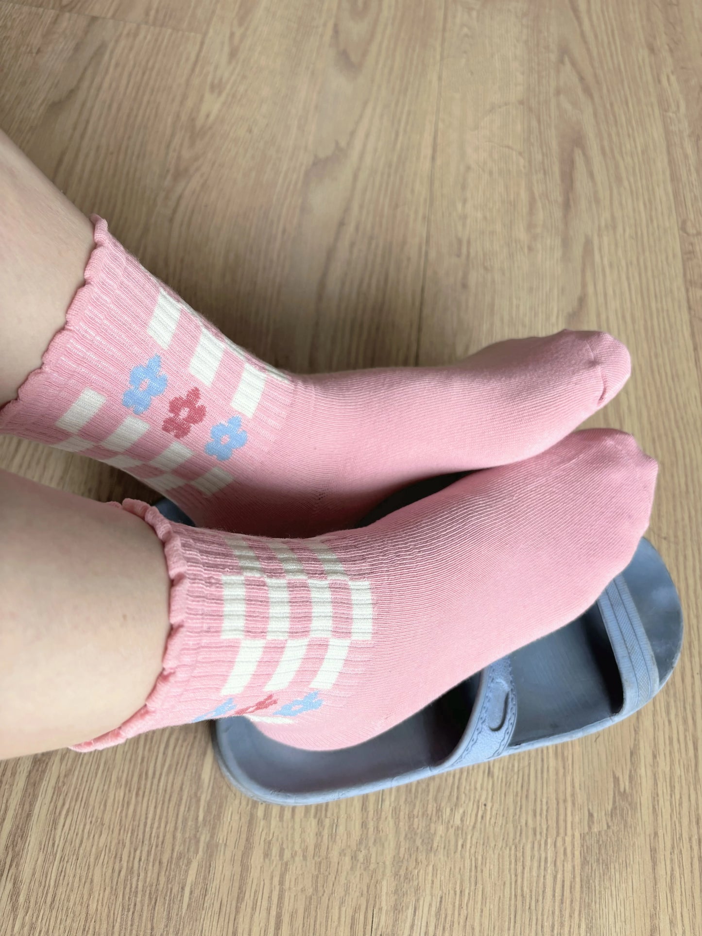 Cute Pink Floral Crew Socks for Women | Soft Cotton Patterned Socks