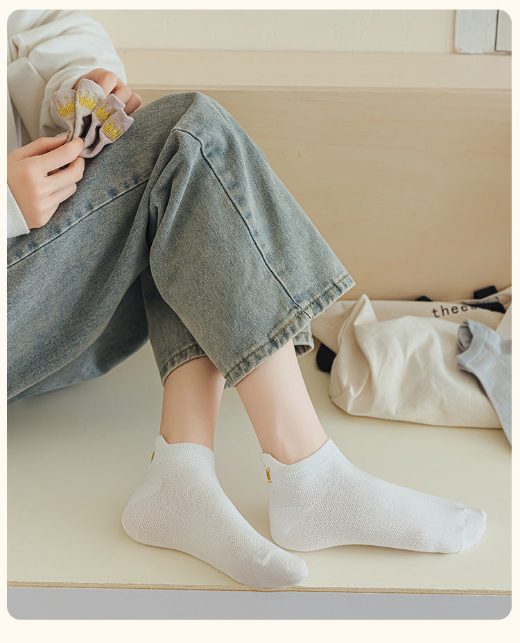 Embroidered Crown No-Show Socks | Breathable Summer Mesh Socks for Women