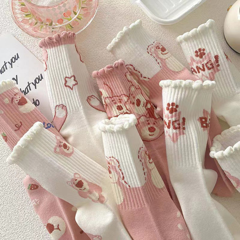 Cute Novelty Crew Socks for Women | Pink Cartoon Cotton Socks