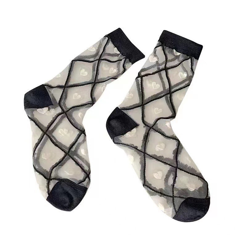 Sheer Heart Pattern Crew Socks | Sweet Transparent Summer Socks