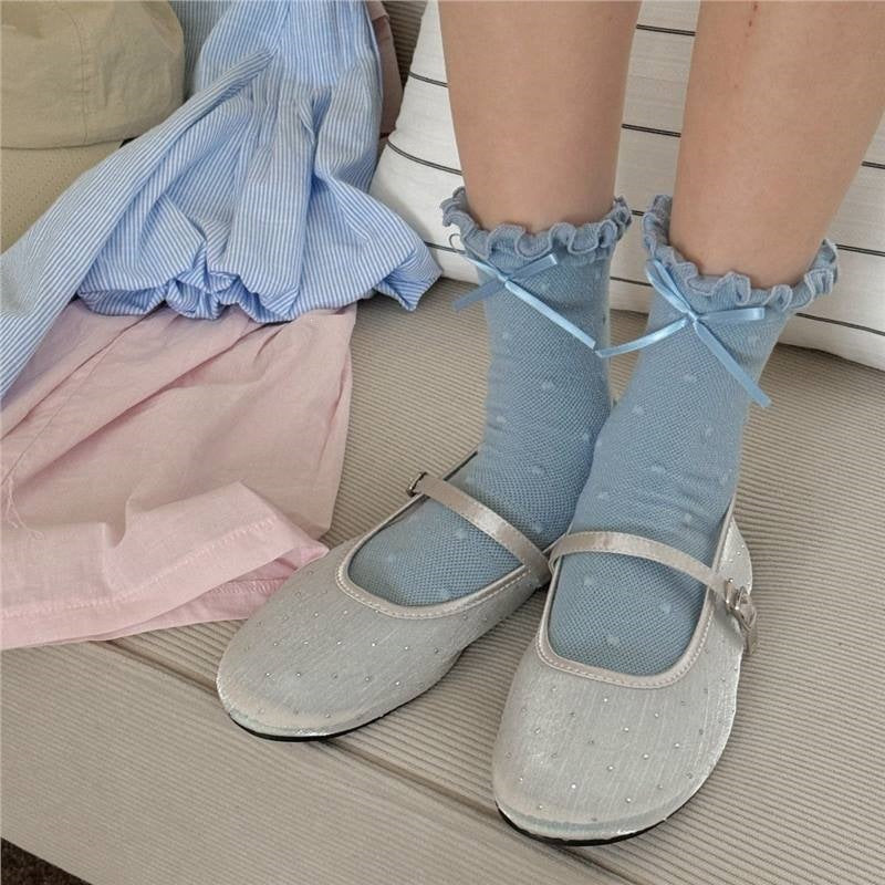 Ruffled Polka Dot Crew Socks for Women | Breathable Bow Socks